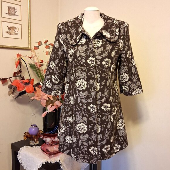 NEW Women’s Elegant Pea Coat Brown White Floral Lined Trench Coat ¾ Sleeve 16 XL - Picture 3 of 9